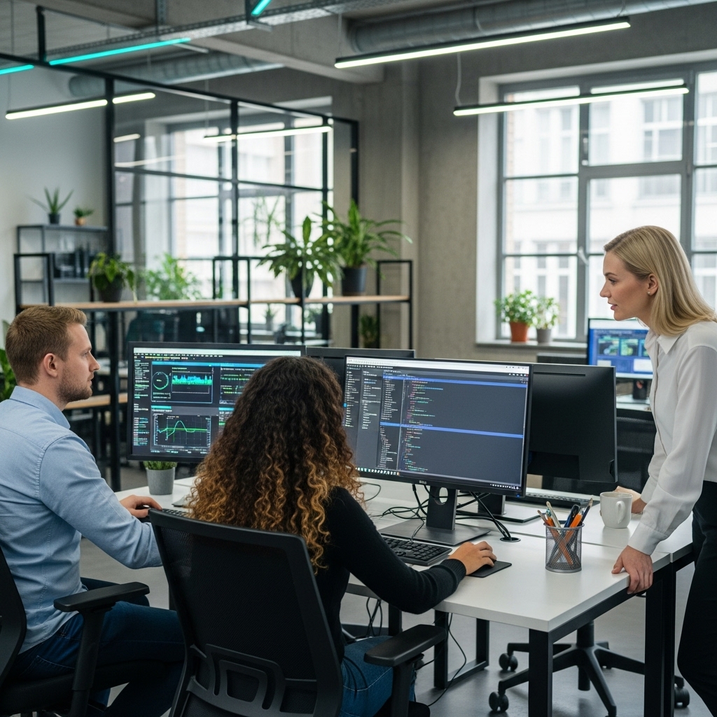 Equipe CodeRoom trabalhando em desenvolvimento de software