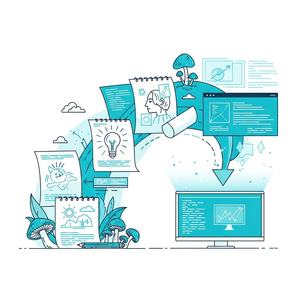 Ilustração representando o processo de transformar ideias em realidade através de planejamento e desenvolvimento